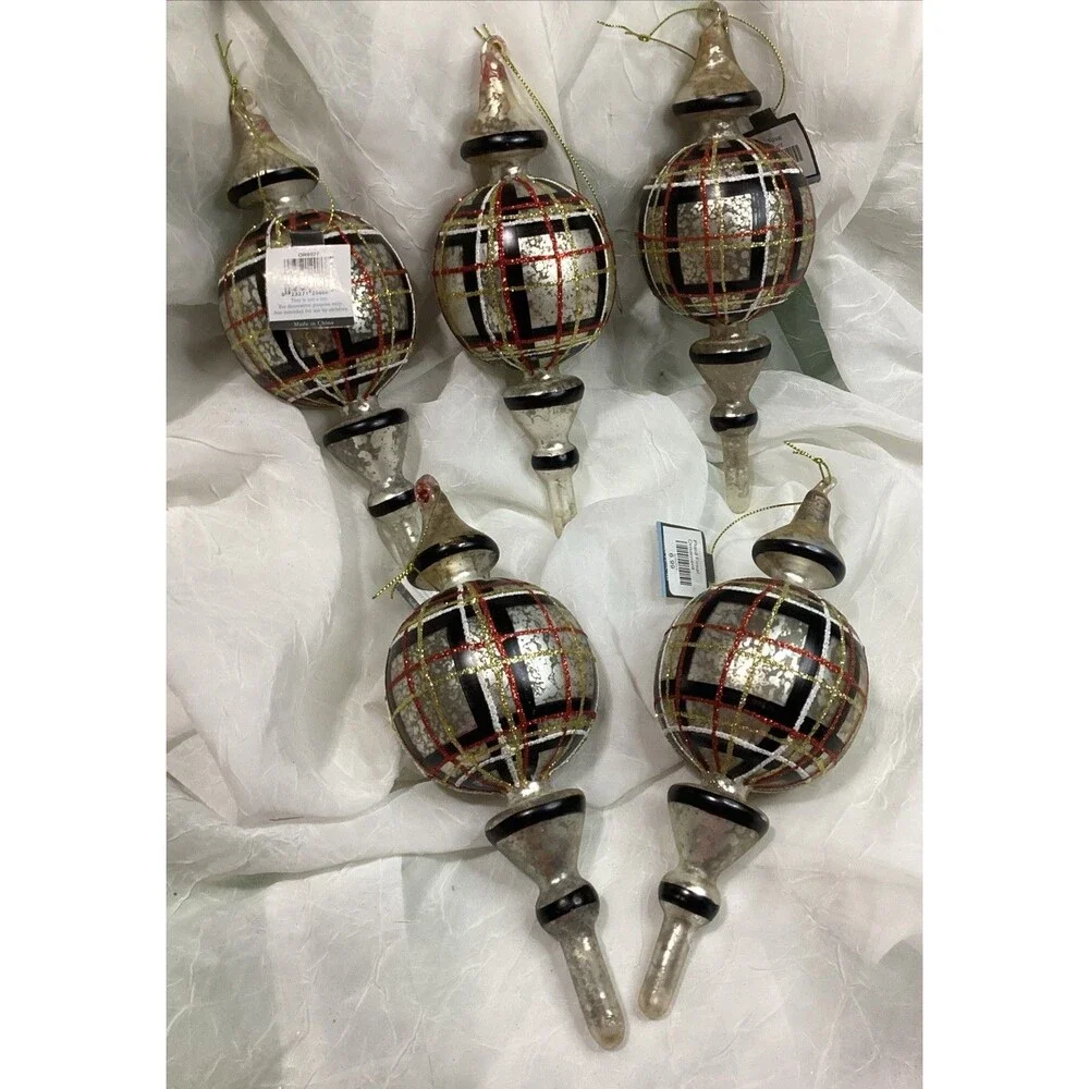 Mercury Glass Finial Christmas Plaid Ornaments X5 Black, Red, Gold & Silver 9